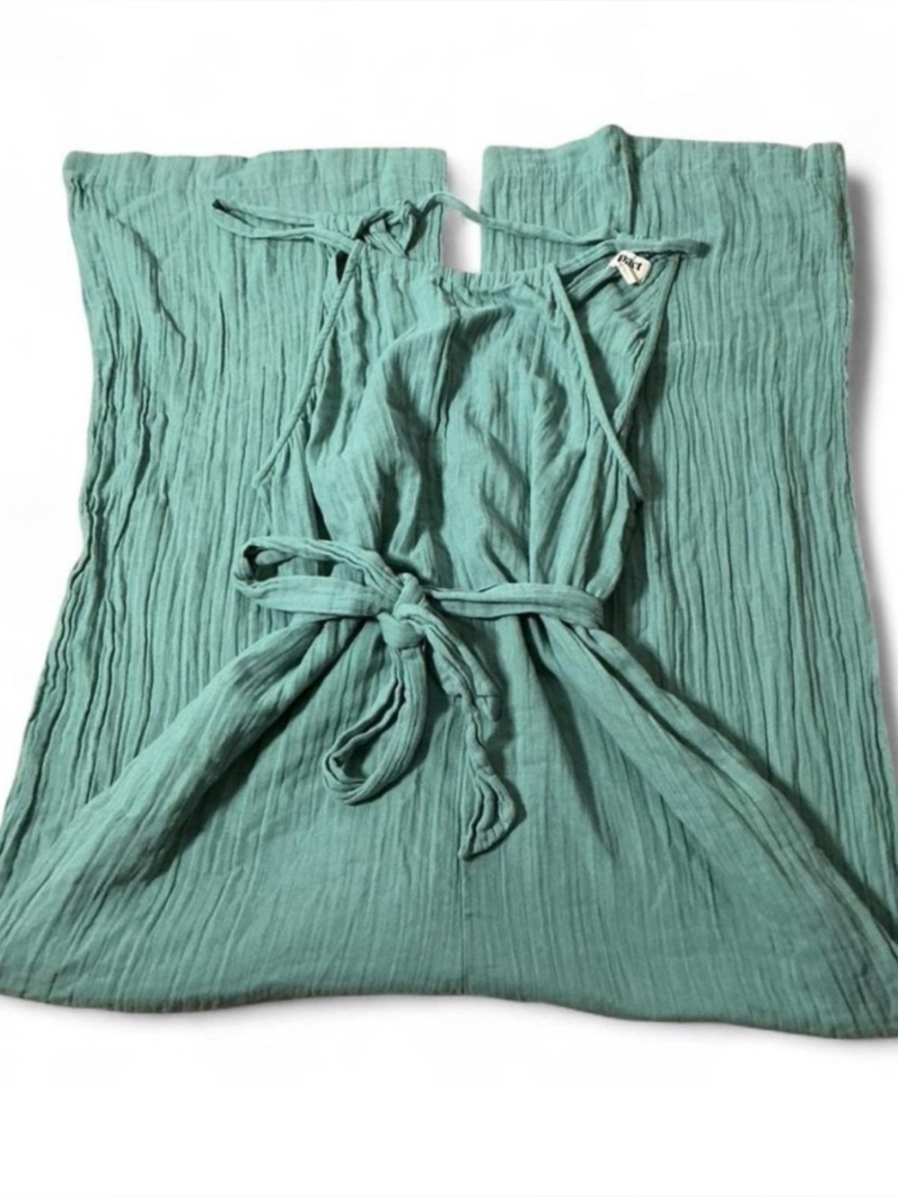 Pact Organic Cotton Gauze Wide Leg Halter Sustainable Jumpsuit Seafoam Green L